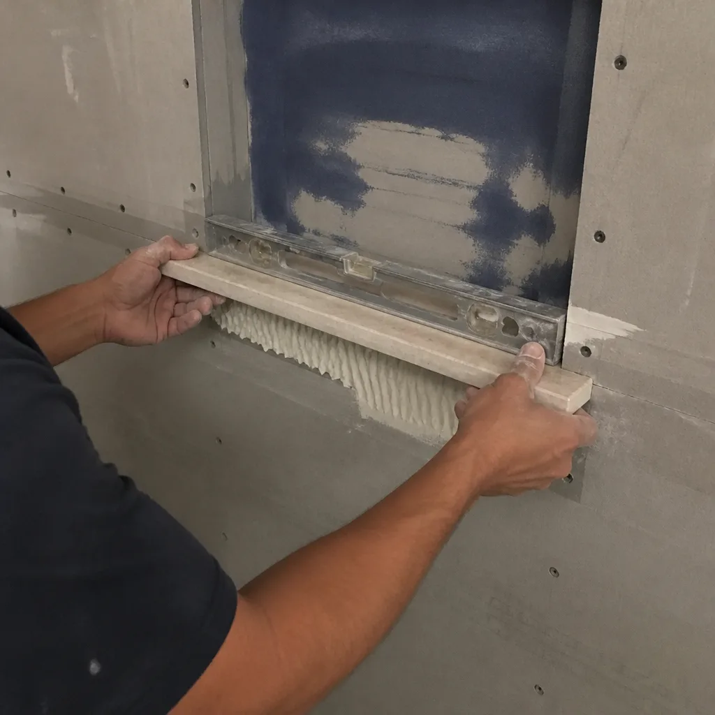 Contractor installing a stone shower shelf using a spirit level.