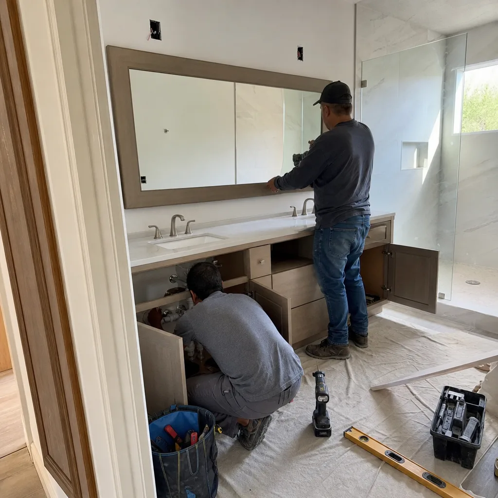 Two professional contractors installing a bathroom mirror and vanity plumbing