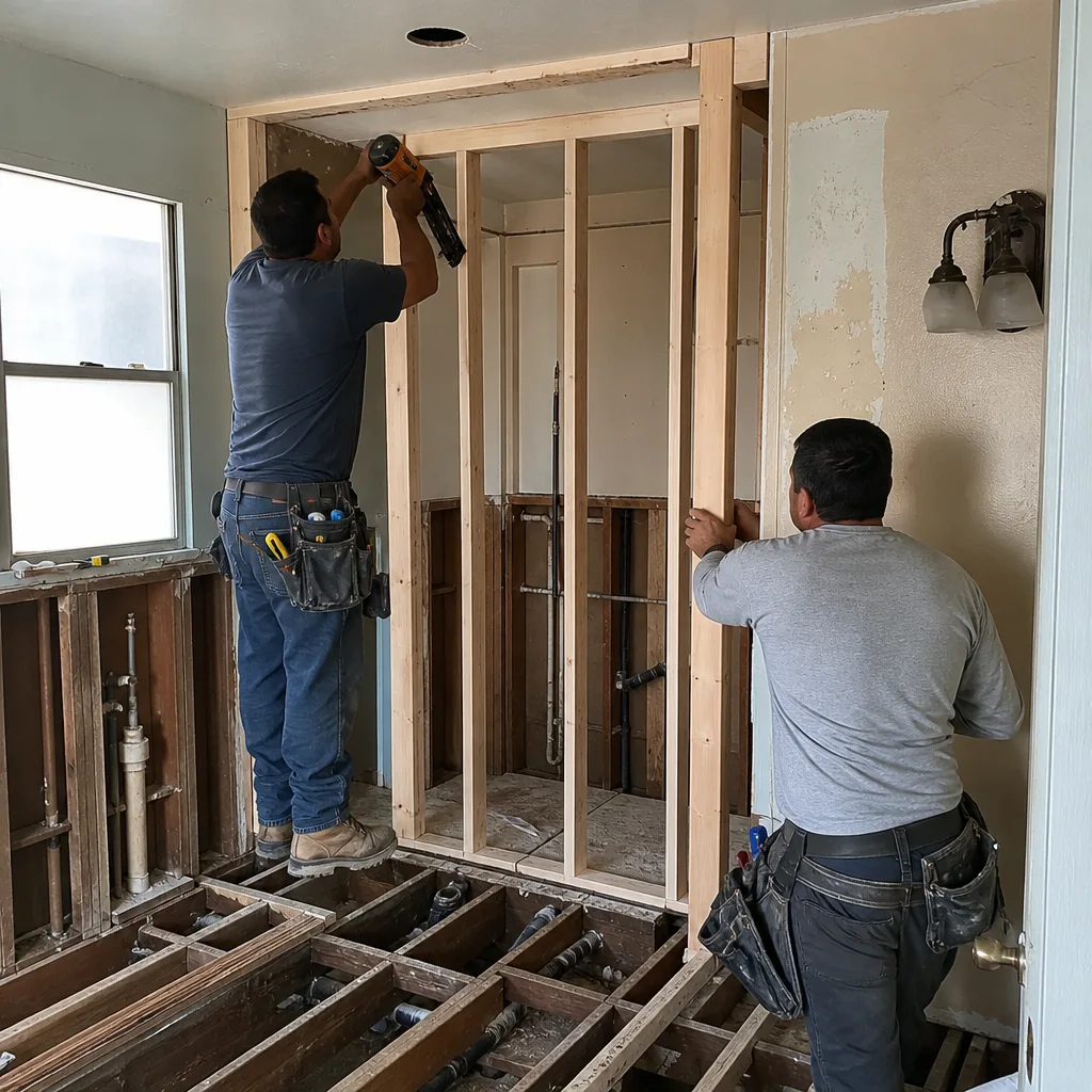 Two contractors framing a wall during a residential bathroom remodeling project