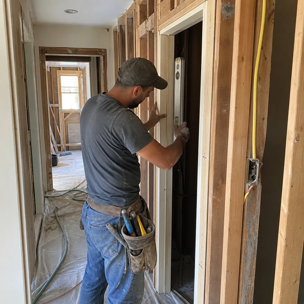 Contractor using a level to install a door frame during home remodeling