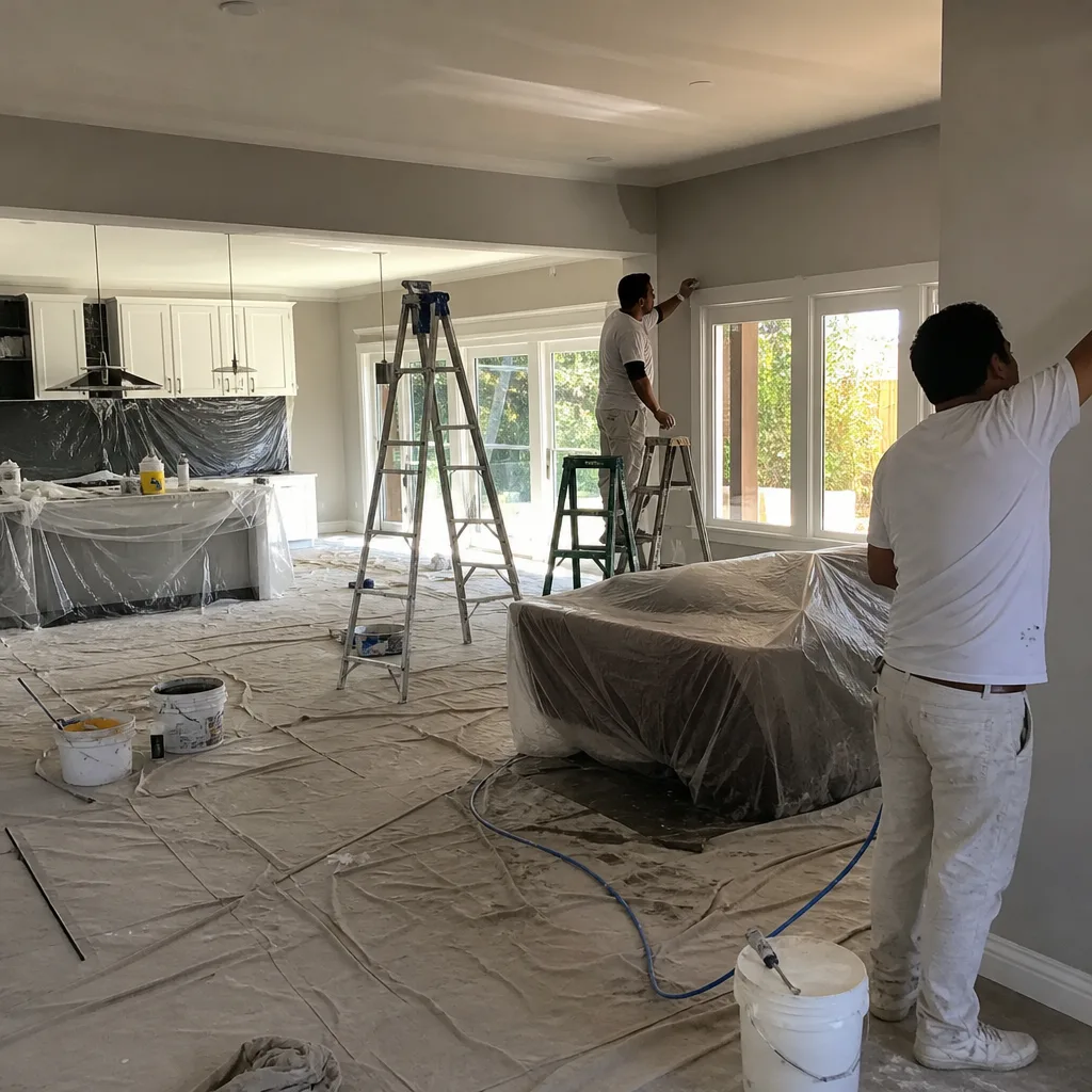 Professional painters performing home remodeling and interior wall finishing services