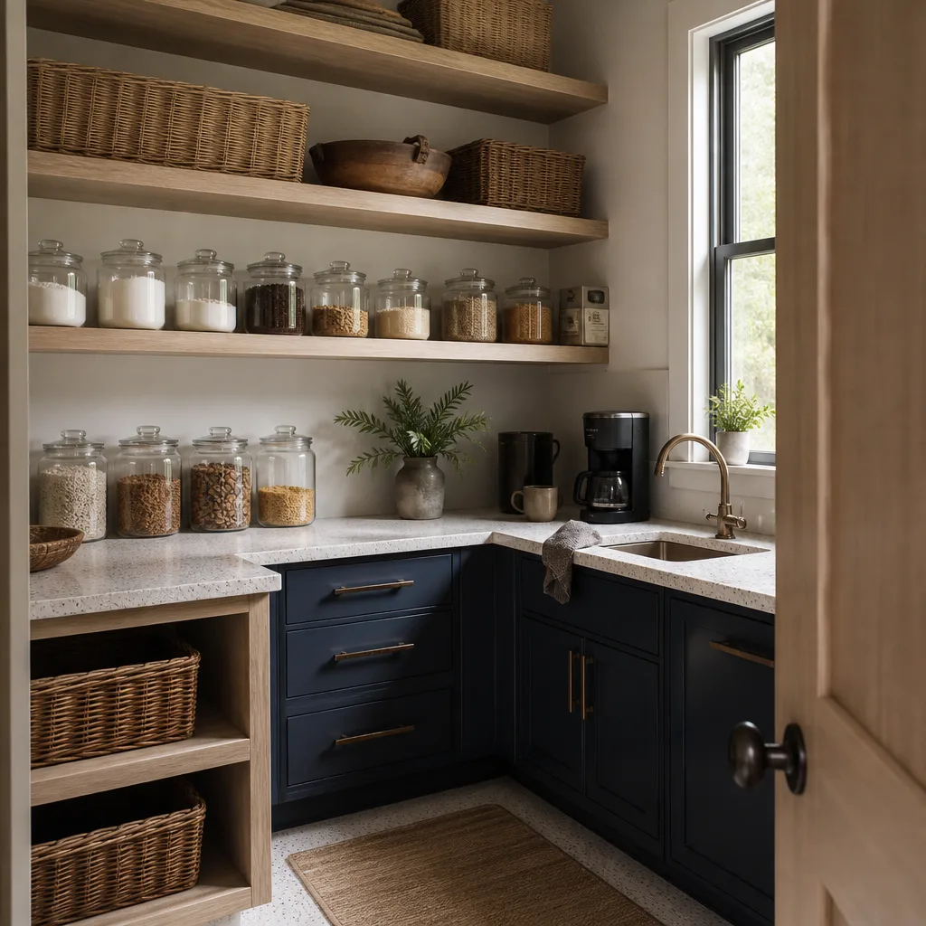 A walk-in pantry with wood shelving