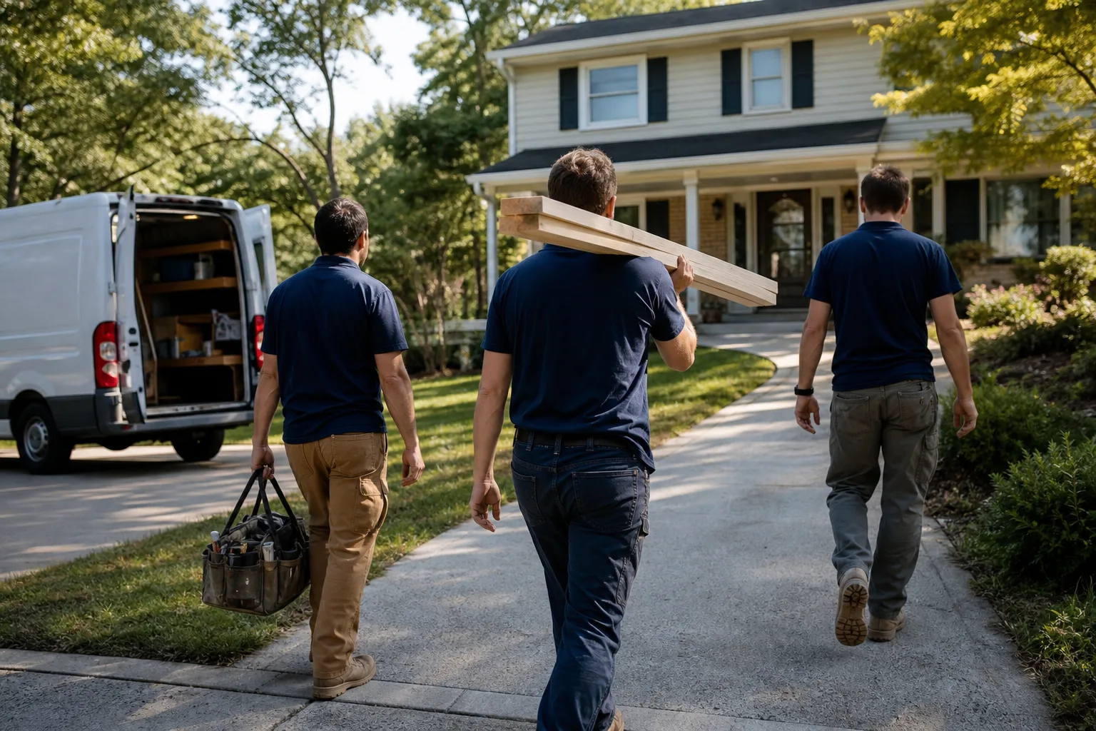 A remodeling crew arriving at a home with lumber and tools